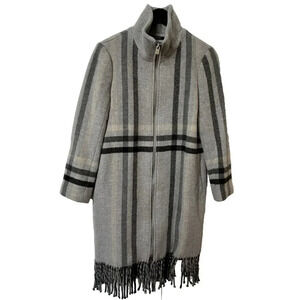 Club Monaco Plaid Italian Wool Blend Fringe Full Zip Coat  Womens Small Gray